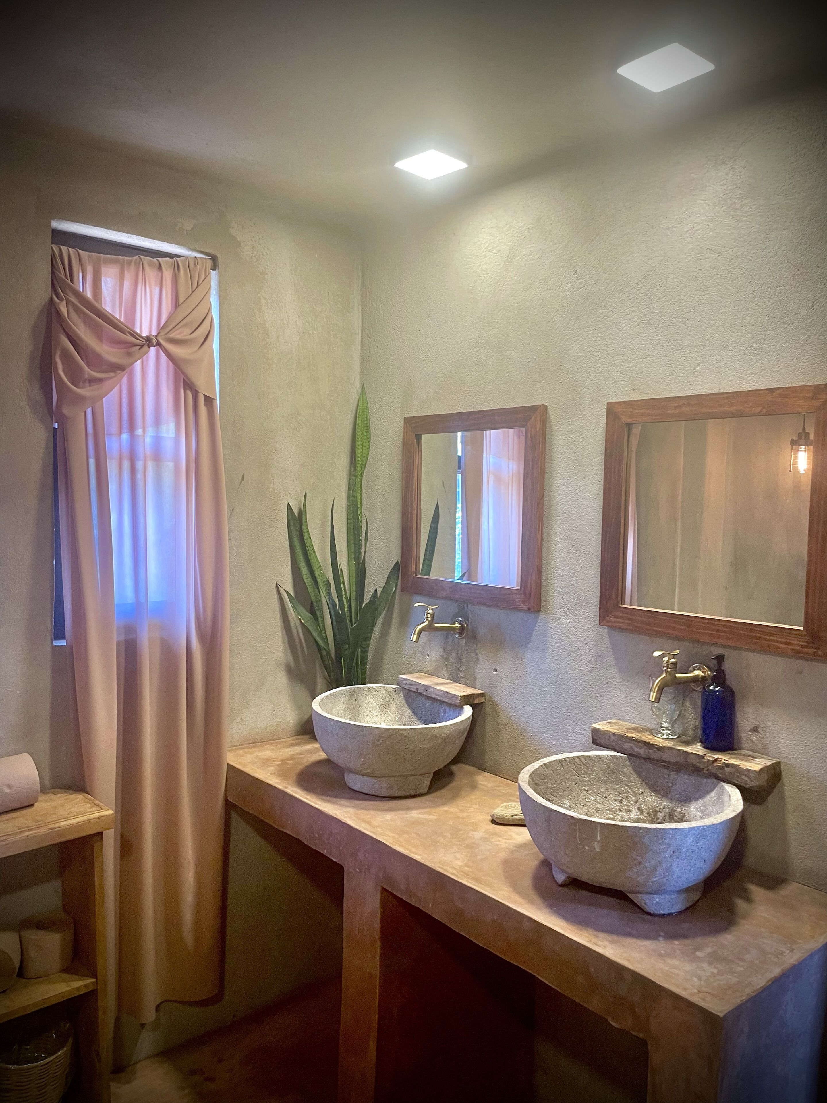 A bathroom with two stone sinks, a mirror, and a plant.