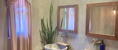 A bathroom with two stone sinks, a mirror, and a plant.