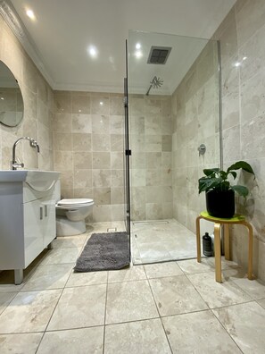 Features a standalone toilet, glass-enclosed shower, and large mirror above the sink.