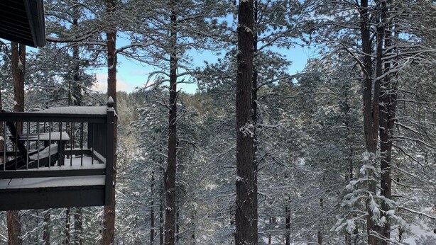 A snow-covered forest with a wooden deck and a cabin. - Mountain Pine Main House on Quiet Cul-de-sac-3 Decks-Views of Forest + Hot Tub! (Flagstaff)