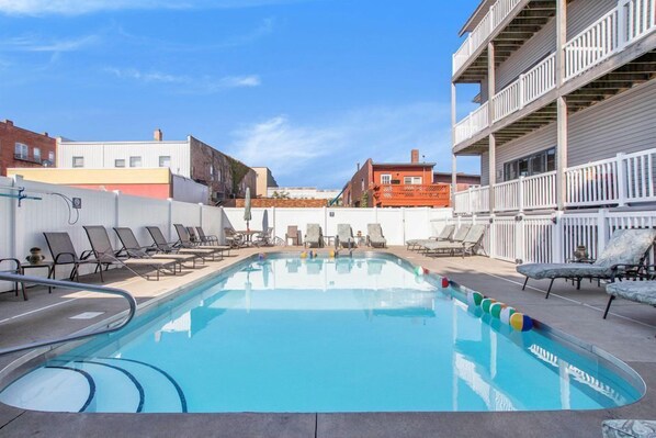 A rooftop pool, a heated pool