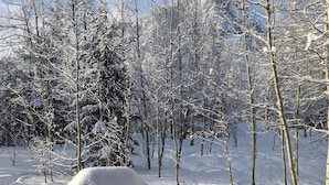 A snowy landscape with trees and a wooden structure. - Modern Mountain Retreat in Frisco: Hot Tub, Fireplace, Views, Near Everything! (Frisco)
