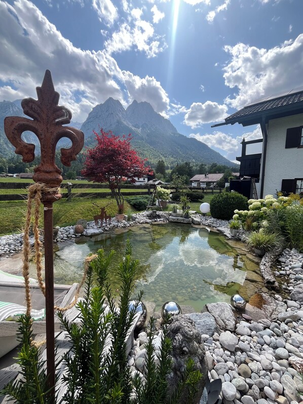 A serene garden with a pond, surrounded by rocks and plants, with a mountain backdrop.