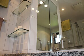 Regadera, secadora de cabello, toallas, papel de baño