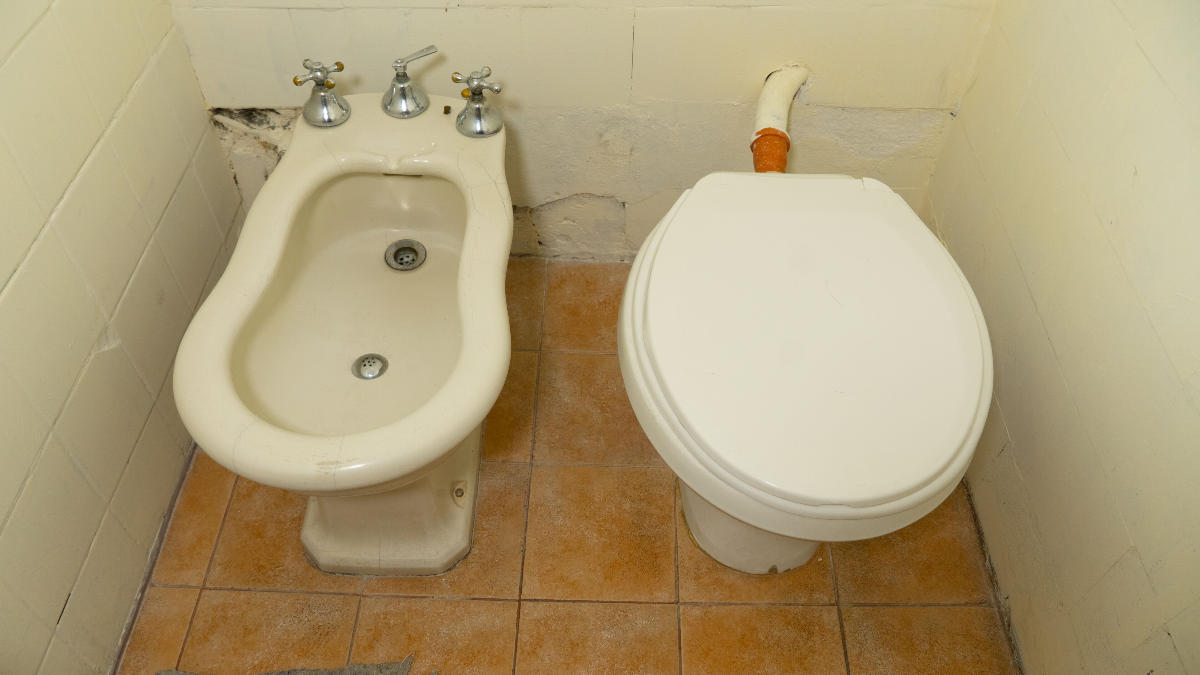 A bathroom with a bidet, a toilet, and a wall-mounted sink.