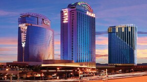 Three high-rise hotels with "PALMS" signage, featuring modern architecture and a vibrant cityscape at dusk. - Not Available  51-303 floor (Las Vegas)