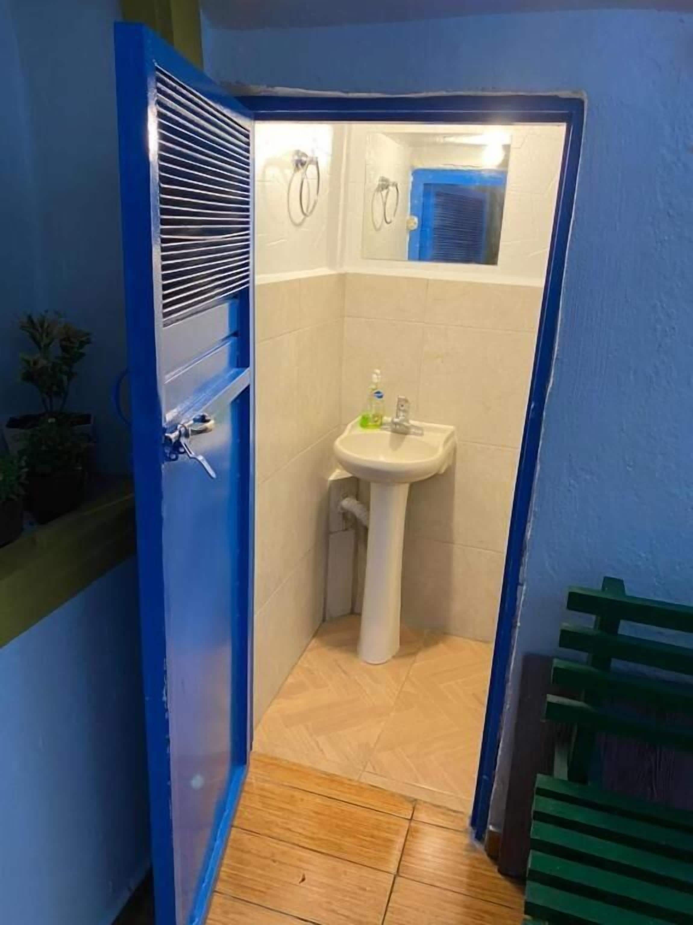 A small bathroom with a white sink, a window, and a blue door.