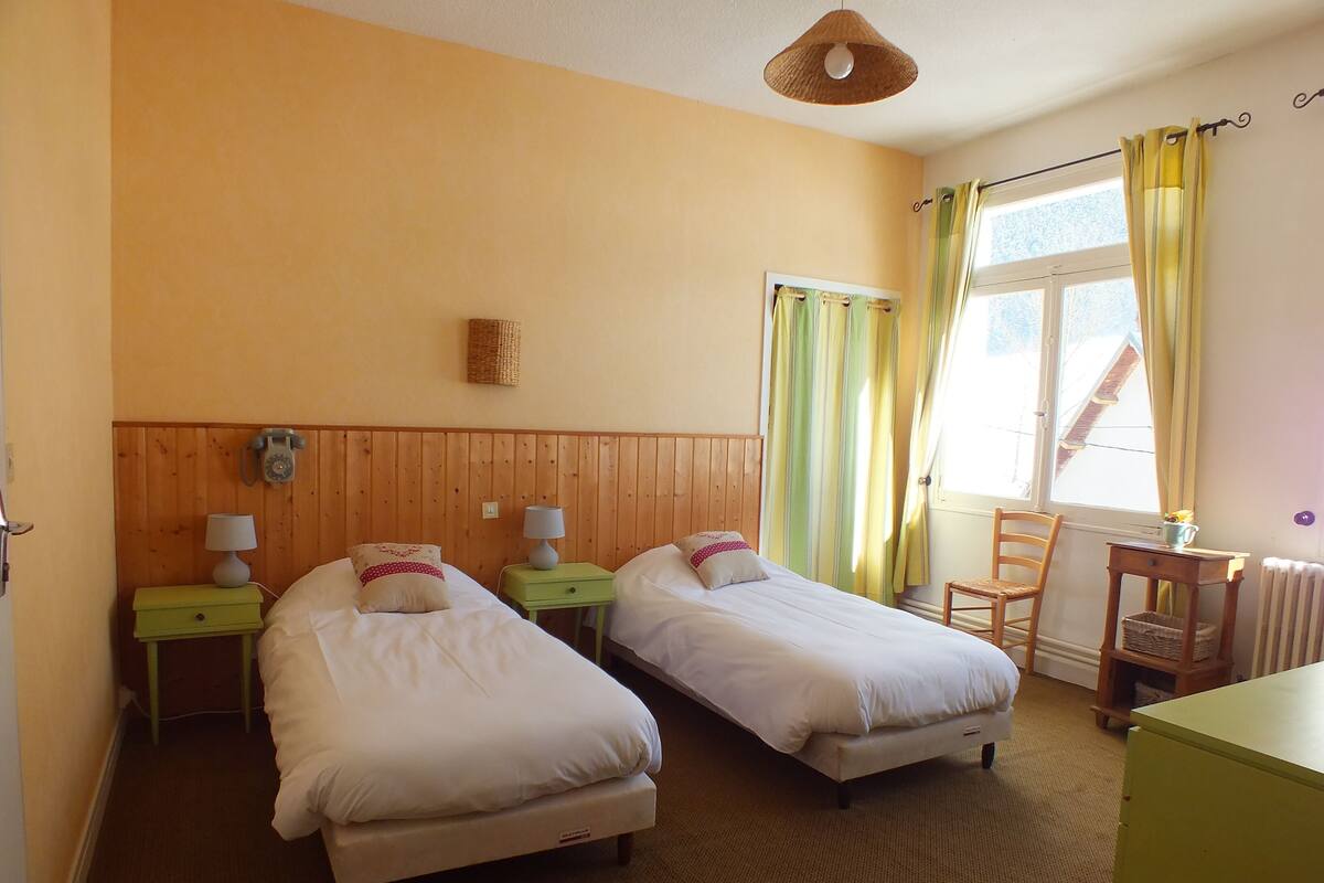 A room with two single beds, wooden headboards, a small table, a chair, and a window with curtains.