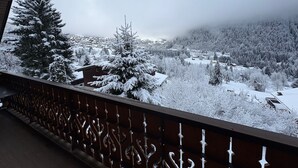 A snowy landscape with a view of a town and forested hills. - Châtel - Roitet : 3P apartment, quiet, breathtaking view in Chalet Lou P'nots  (Châtel)