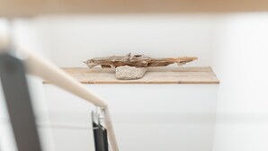 A wooden shelf with a piece of driftwood and a stone. - House Salz&Sand // Apartment Lüttje Tide (Norderney)