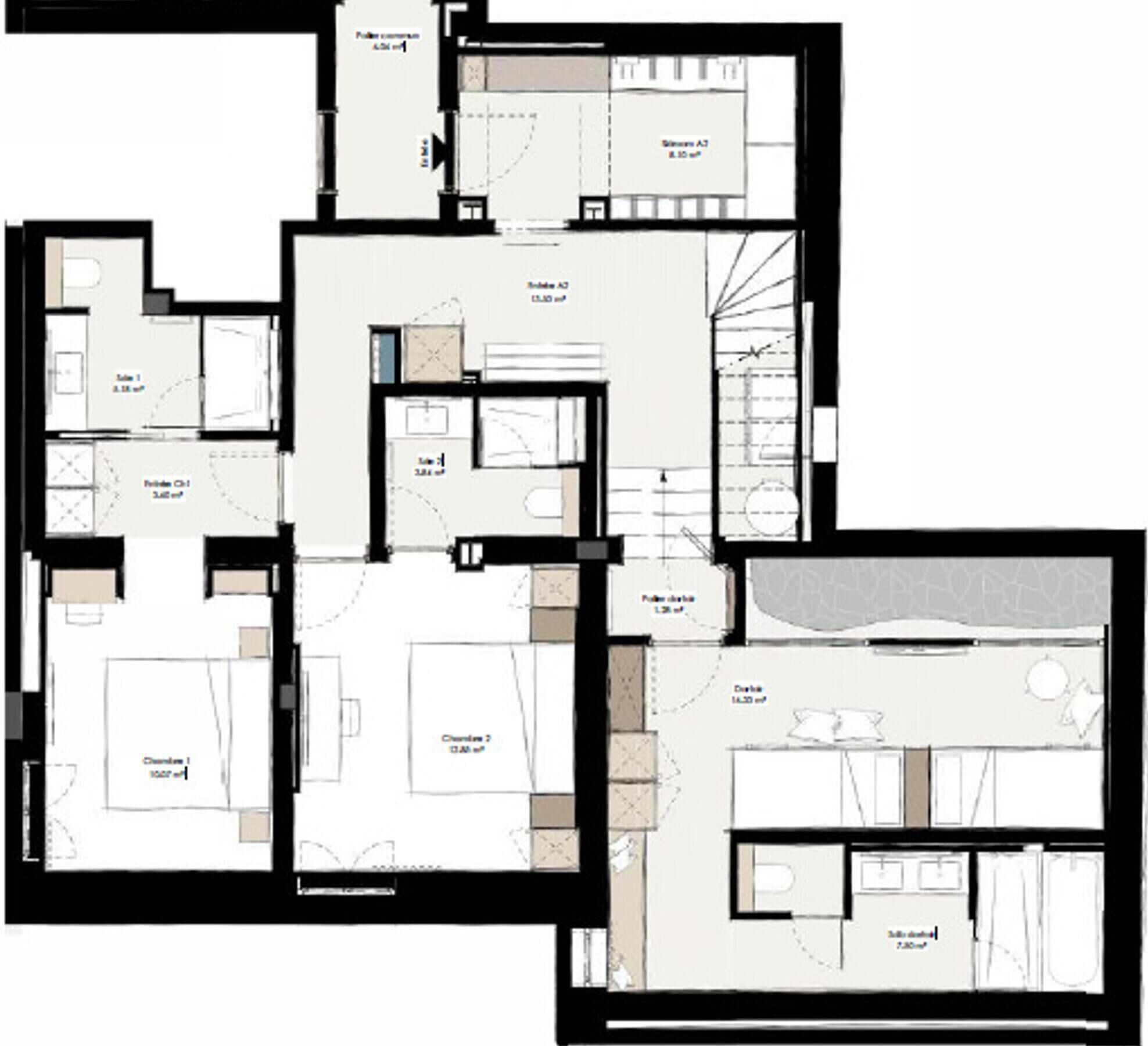 Een plattegrond van een hotelkamer met verschillende ruimtes, waaronder een ruime slaapkamer, een badkamer en een eetgedeelte.