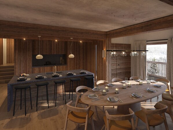 Une cuisine moderne dotée d’un îlot central, de tabourets de bar et de luminaires suspendus.
