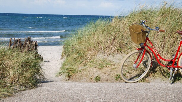 Una bicicleta roja con una cesta aparcada en un sendero arenoso al lado de una playa con hierba y el océano al fondo.