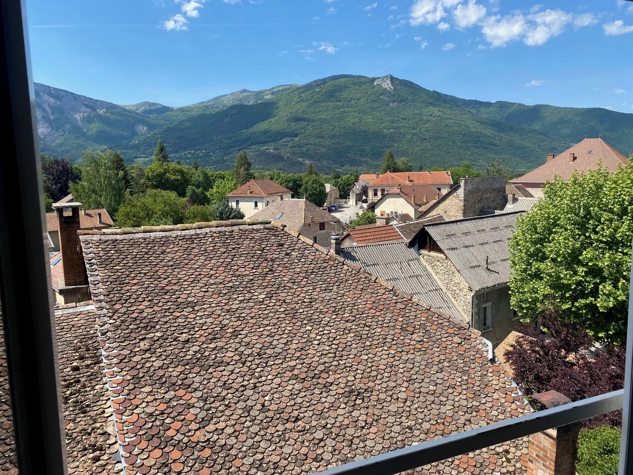 Une vue d’une ville avec des toits recouverts de tuiles en terre cuite, des bâtiments en pierre et une chaîne de montagnes en arrière-plan.