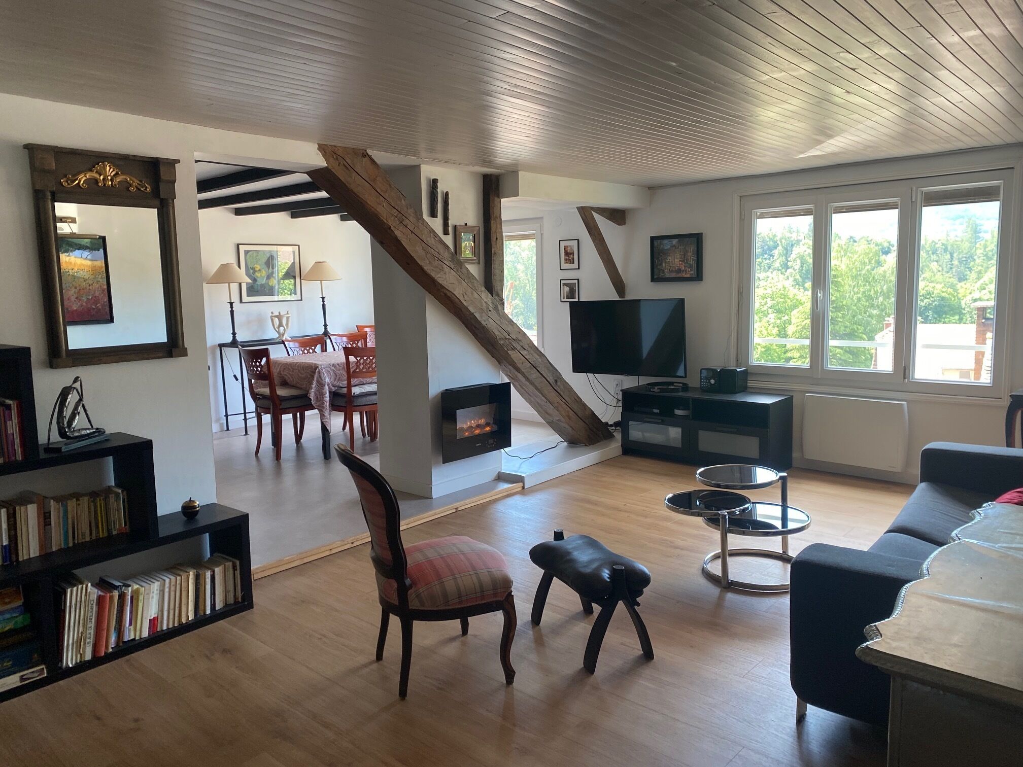 Fernseher, Kamin, DVD-Player, Bücher