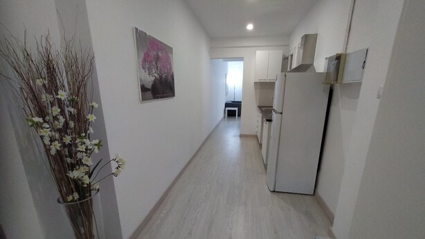 A narrow hallway with a wooden floor, a white wall, and a door at the end. - Beautiful furnished studio of 67 m2 (Barcelona)