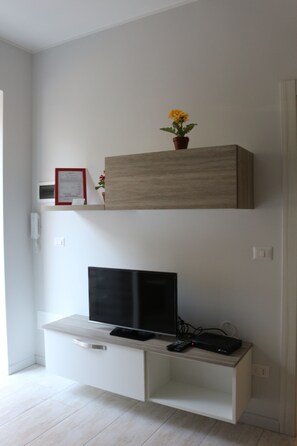 A modern living room with a flat-screen TV, wooden shelving, and a potted plant.