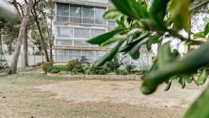 Un edificio con un gran ventanal, rodeado de árboles y césped.