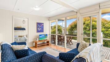 Una televisión, un reproductor de DVD, libros, una videoteca