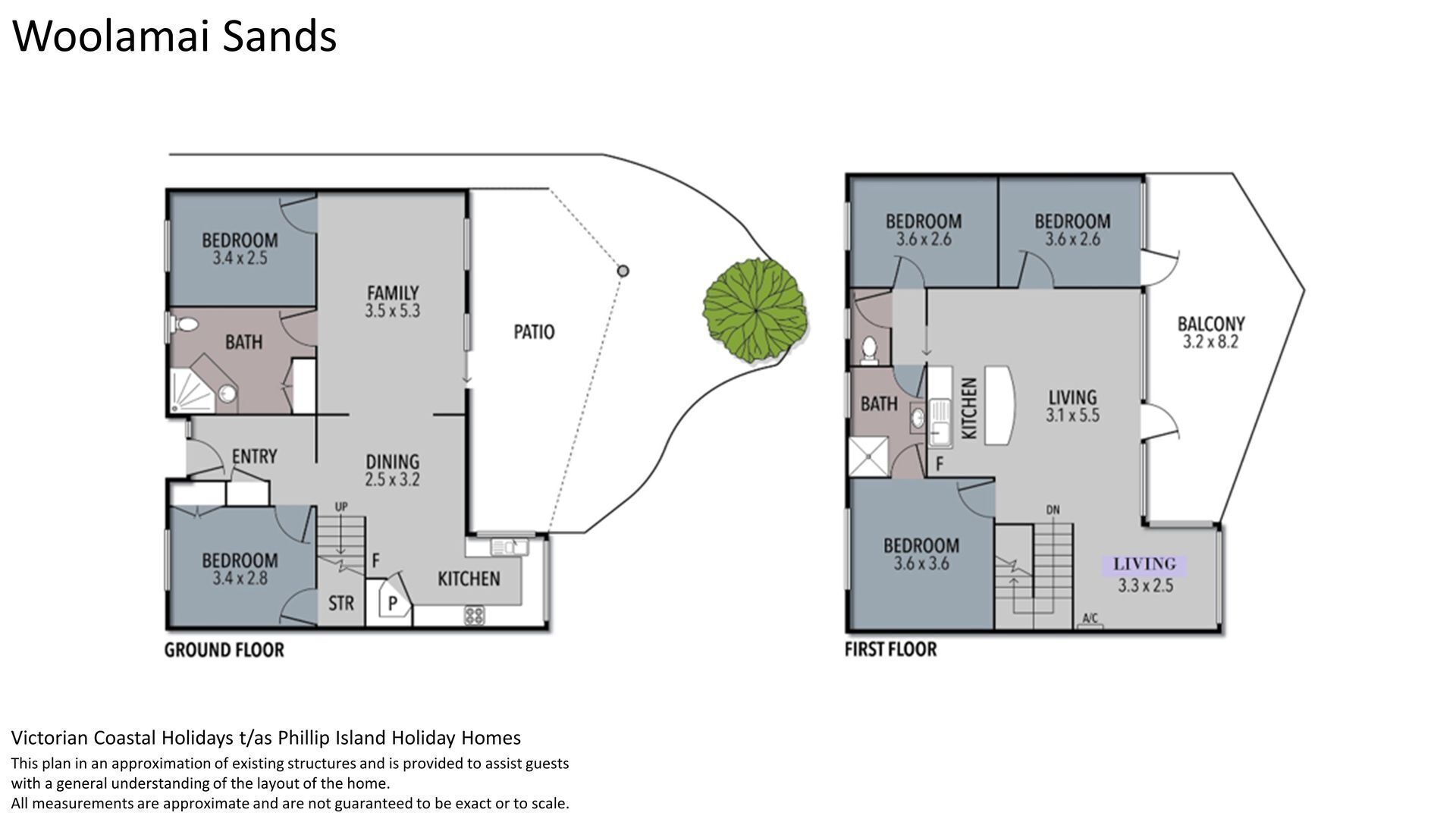 Un plan d’étage d’une maison de vacances comprenant deux chambres, un salon familial, un coin repas, une cuisine, une salle de bain et un balcon.