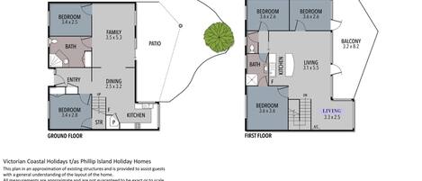 Un plan d’étage d’une maison de vacances comprenant deux chambres, un salon familial, un coin repas, une cuisine, une salle de bain et un balcon.