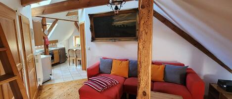 Televisio, pöytäjalkapallopöytä, kirjoja, stereot