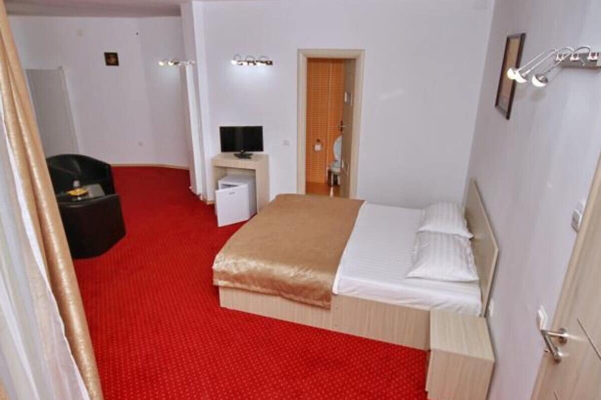 Una habitación de hotel con una cama, un escritorio, un televisor y una puerta.