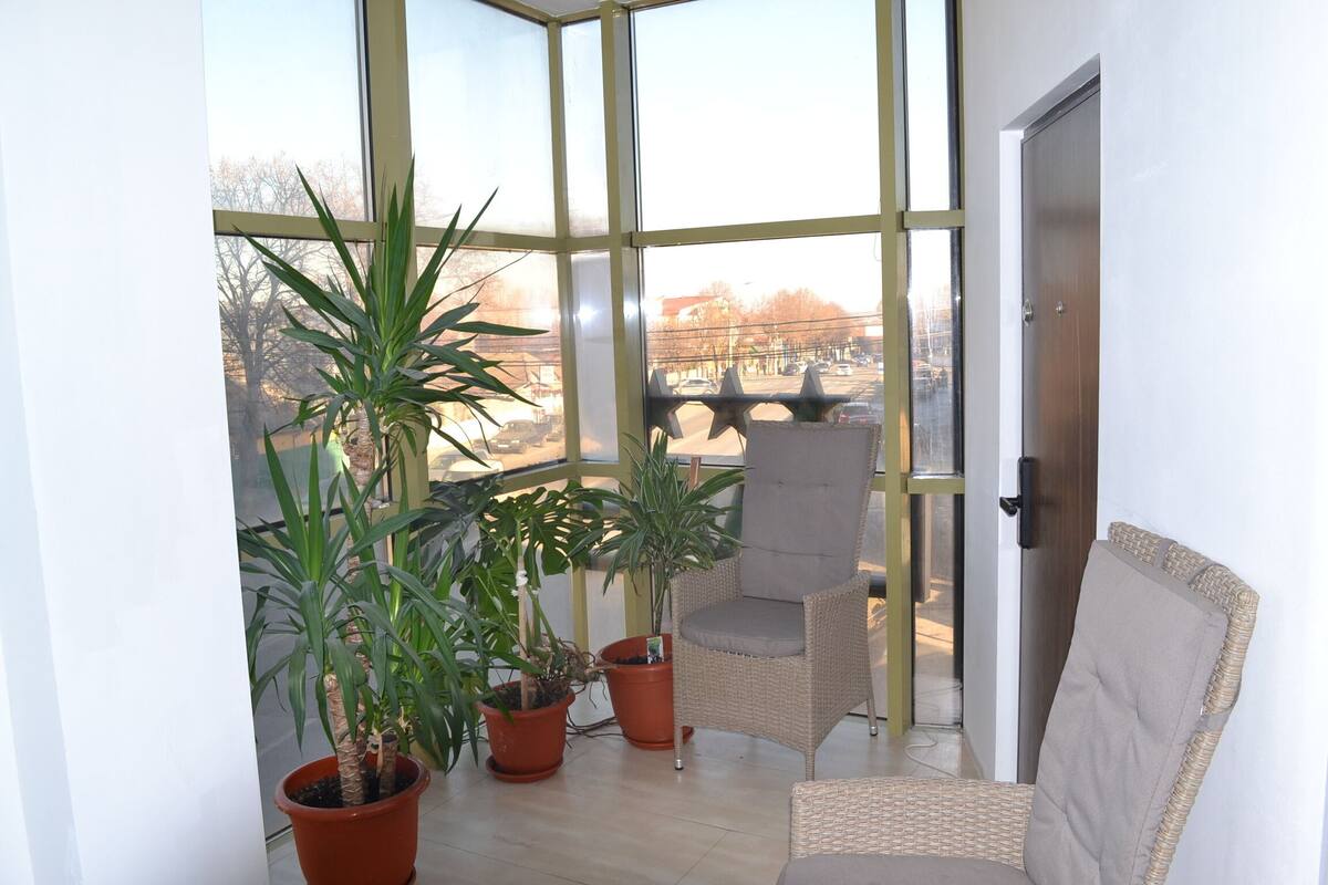 Un balcón con plantas en macetas, una silla de mimbre y vistas panorámicas de la ciudad.