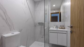 A modern bathroom with a glass shower enclosure, a white toilet, and a wooden door.