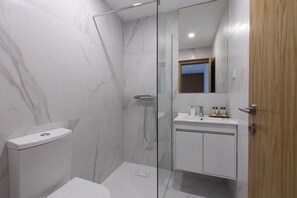 Une salle de bain moderne avec une douche à parois de verre, des toilettes blanches et une porte en bois.