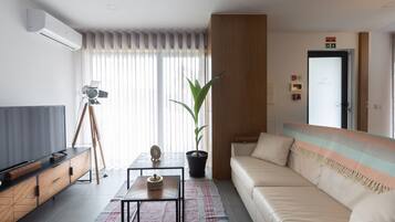 Una sala de estar moderna con un sofá, un televisor, un trípode, una planta en maceta y un tapete estampado.