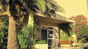 A modern building with a palm tree and a bench in front.