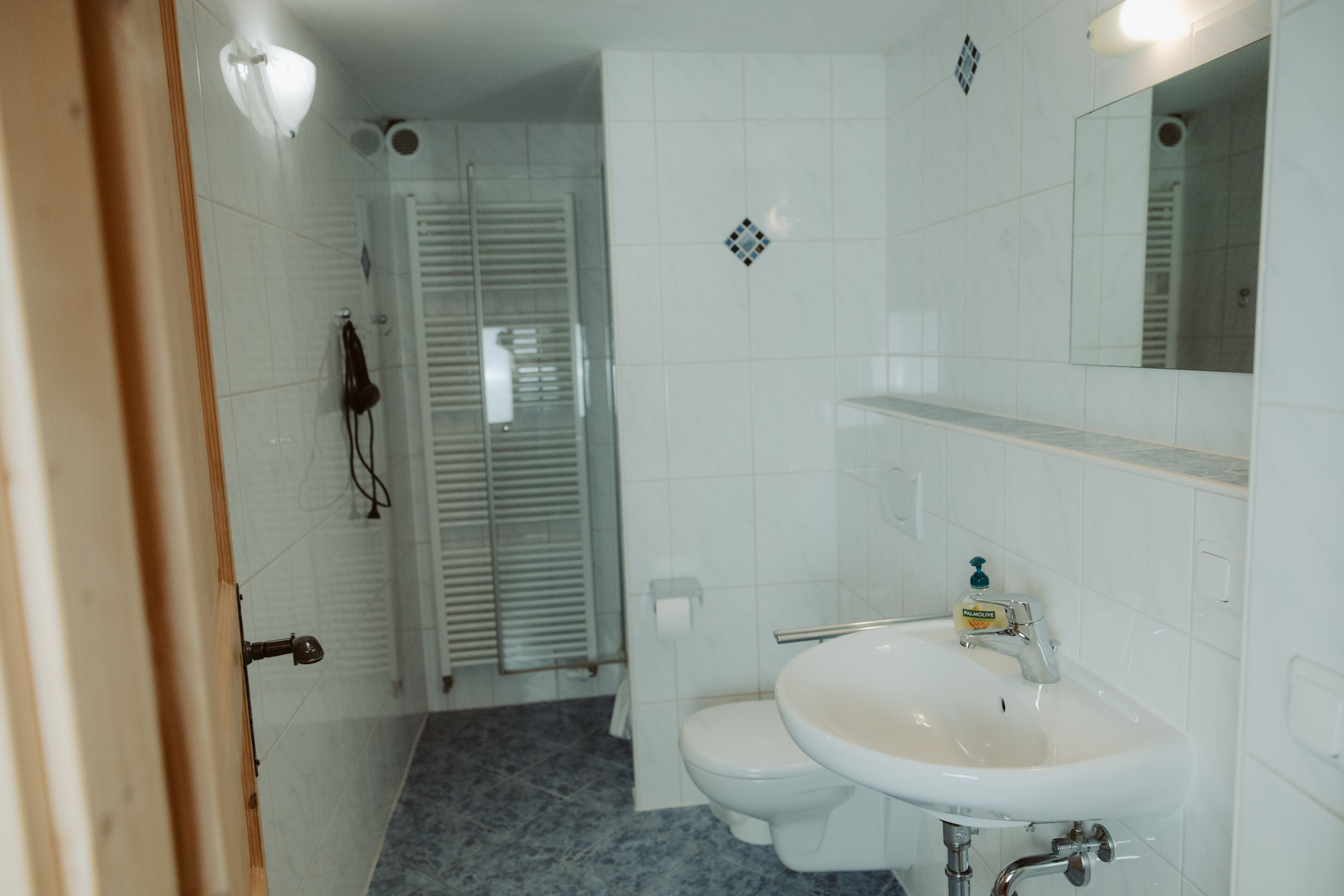A bathroom with a toilet, sink, and shower.