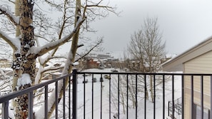 Enjoy the serene winter view from this cozy balcony overlooking a quiet street.