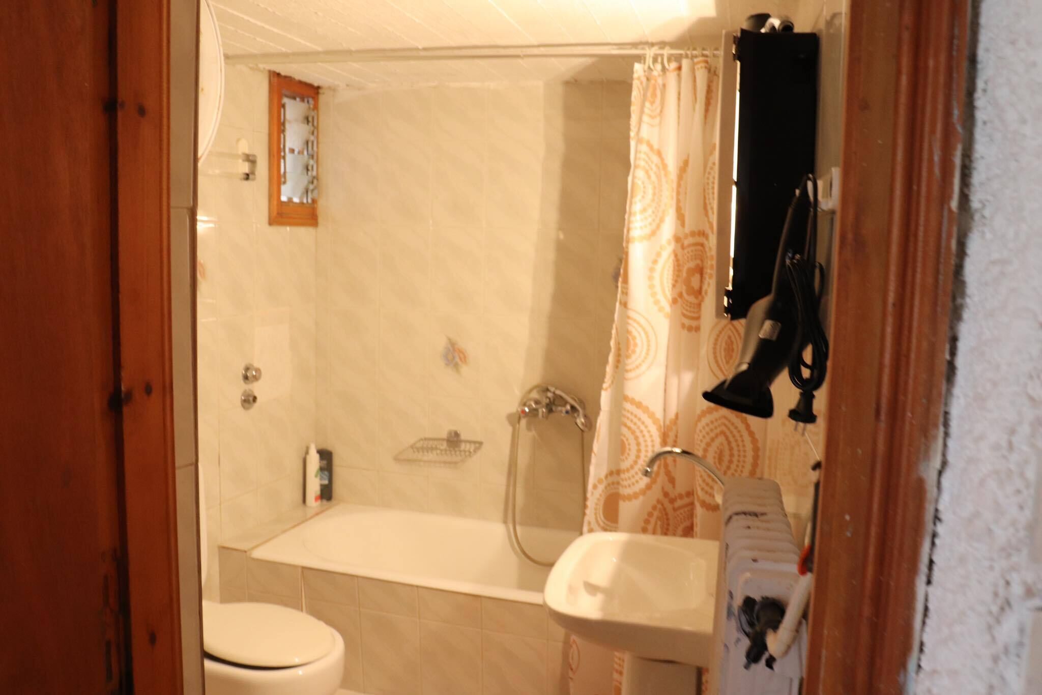 Hair dryer, towels, shampoo