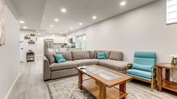 TV, fireplace, books