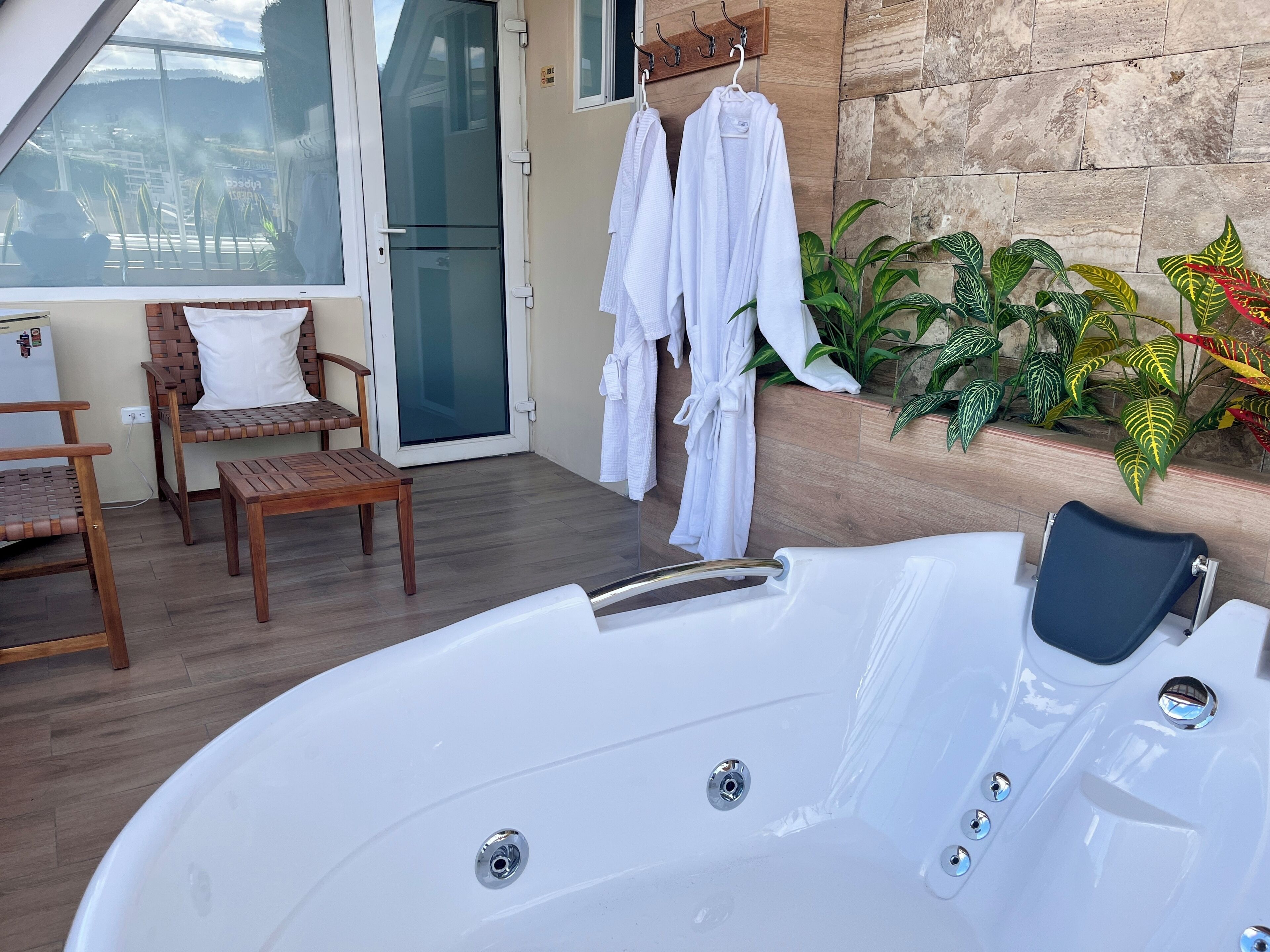 Un espace bien-être comprenant un jacuzzi, des meubles en bois et des plantes en pot.