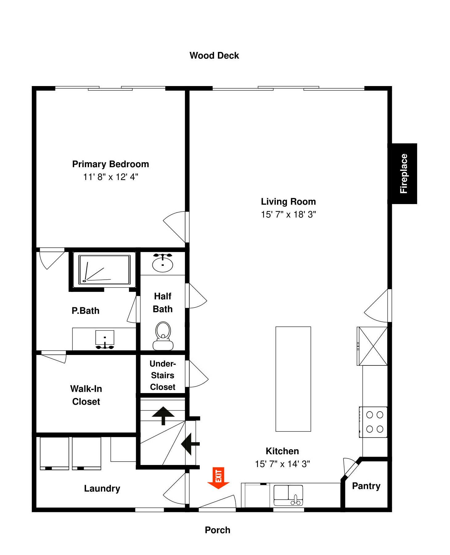 A floor plan with a primary bedroom, living room, kitchen, and bathroom.