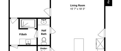 A floor plan with a primary bedroom, living room, kitchen, and bathroom.