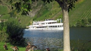 A river with a boat docked on the shore. - Apartment "Moselblick", A great view of the greenery and enjoy the evening sun (Minheim)