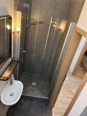 Douche, séchoir à cheveux, serviettes fournies, savon