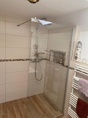 Shower, hair dryer, towels, soap