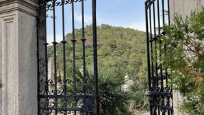 Un portail en fer forgé aux motifs complexes, donnant sur un sentier bordé de verdure et s’ouvrant sur un paysage montagneux.
