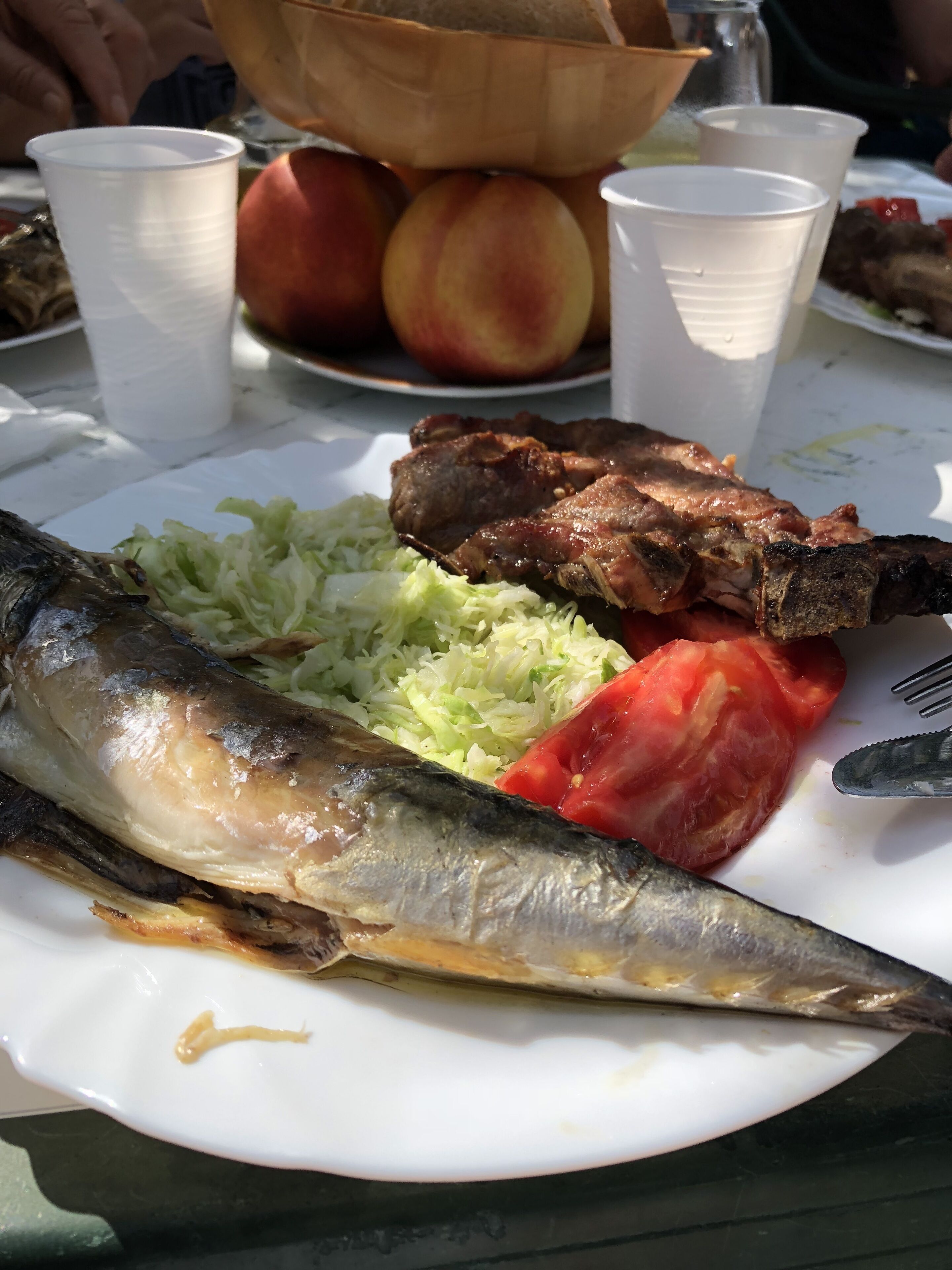 A plate with grilled fish, meat, and vegetables.