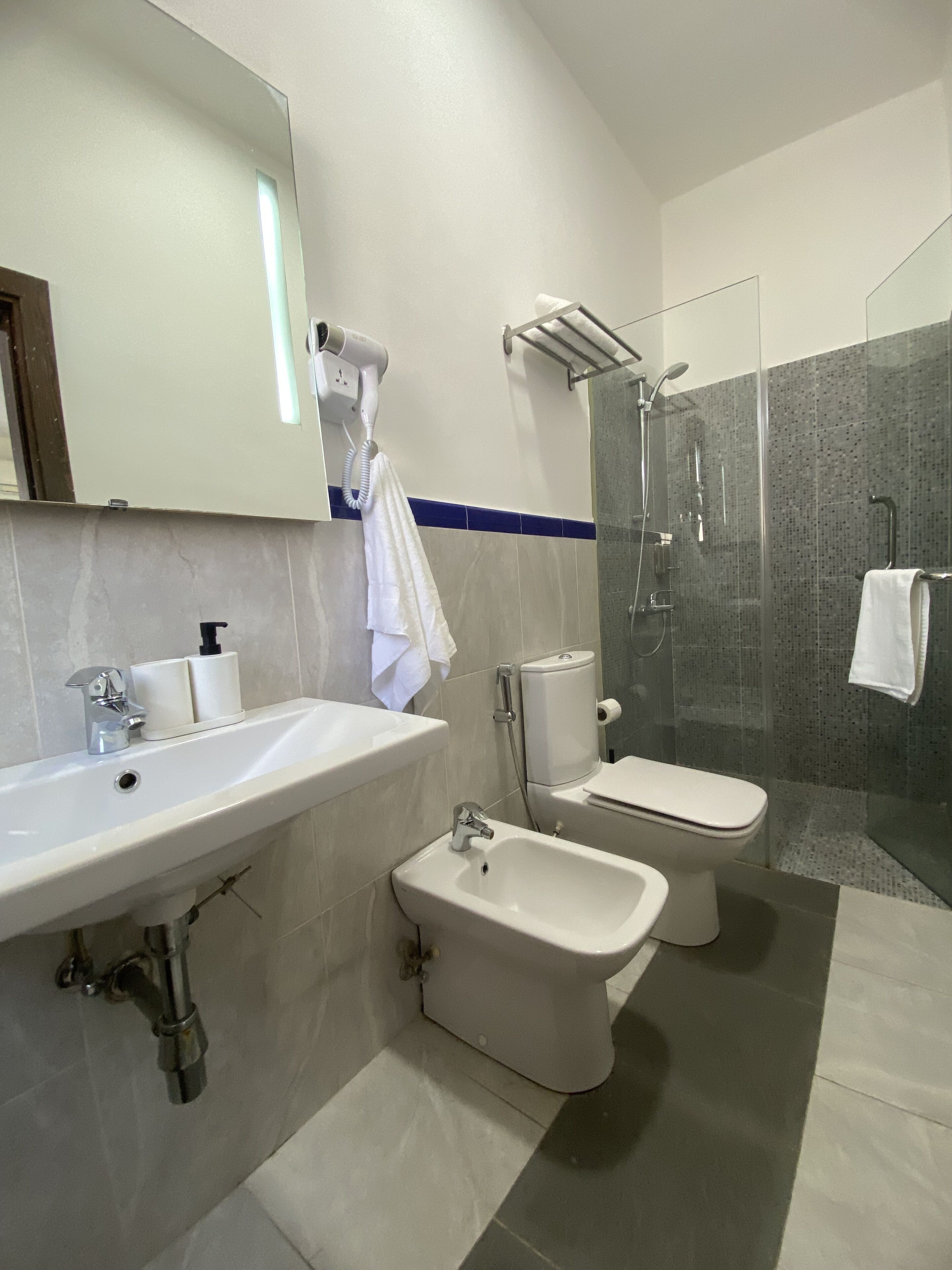 A modern bathroom with a sink, bidet, toilet, and glass-enclosed shower.