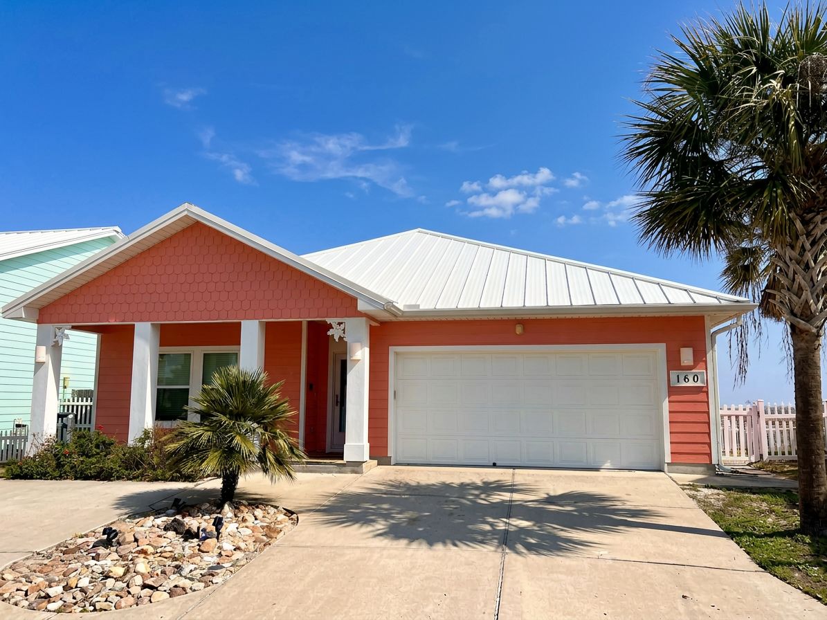 Une maison de plain-pied à l’extérieur rouge, avec une porte de garage blanche et un petit palmier dans le jardin.