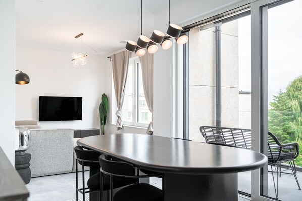Apartment | In-room dining - Lux 1BR: King Bed, Balcony, Near City Center (Luxembourg City)