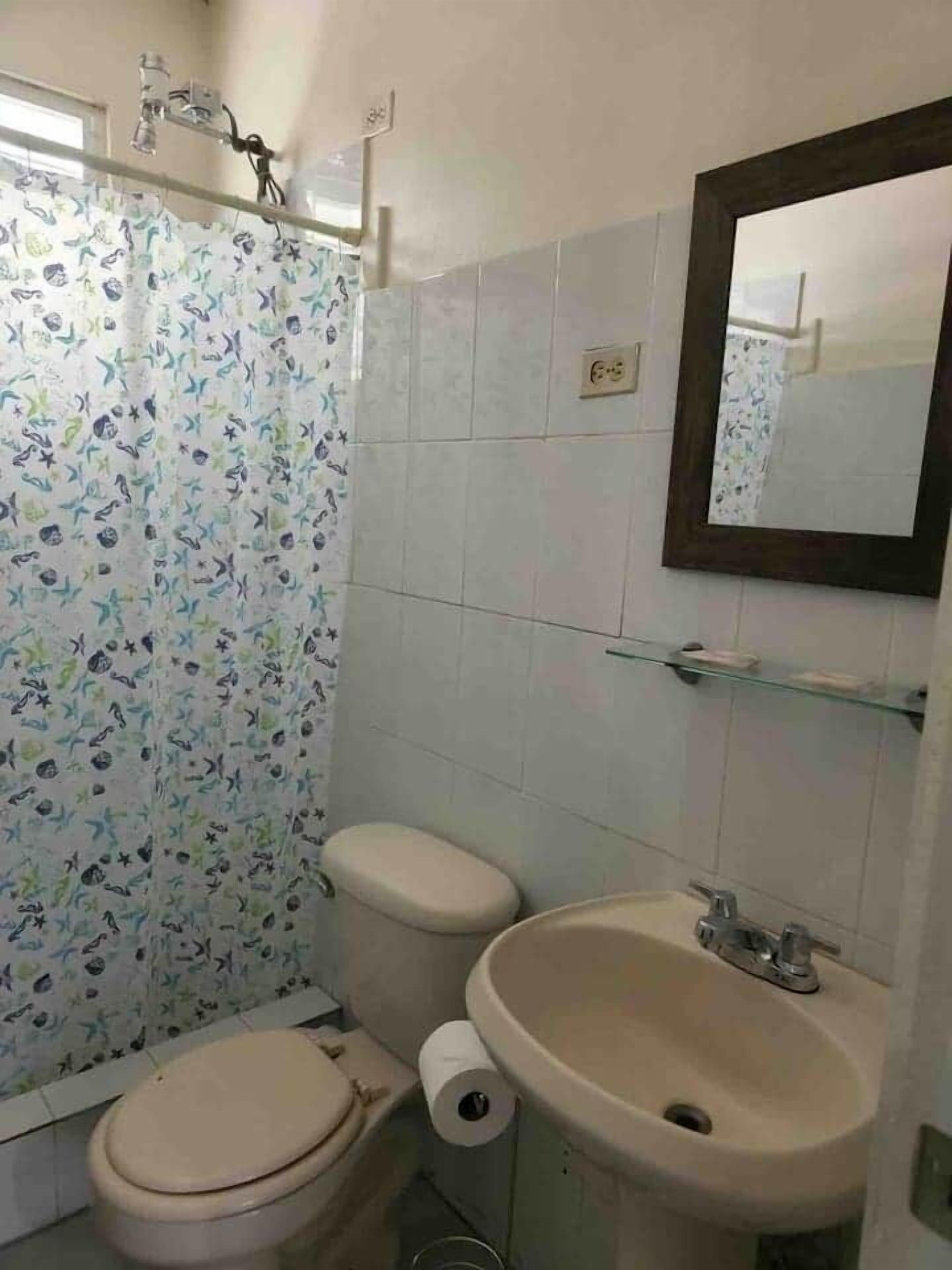 Secador de cabelo, toalhas de banho, sabonete, shampoo