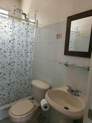 Hair dryer, towels, soap, shampoo