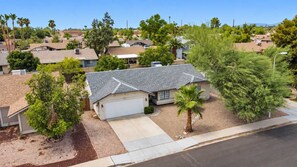 A residential area with houses, a garage, and a palm tree.